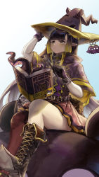 Rule 34 | 1girl, absurdres, adjusting clothes, adjusting headwear, alternate costume, ao-chan (ninomae ina&#039;nis), black eyes, black gloves, blue sky, blush, book, boots, capelet, character hat, character hat ornament, commentary, cross-laced footwear, day, gloves, hat, highres, hololive, hololive english, knee boots, long hair, looking at viewer, looking down, nib pen (object), ninomae ina&#039;nis, open book, pen, pointy ears, purple hair, red thighhighs, single thighhigh, sitting, sky, takodachi (ninomae ina&#039;nis), tentacle hair, tentacles, thighhighs, translation request, virtual youtuber, vyragami, witch hat