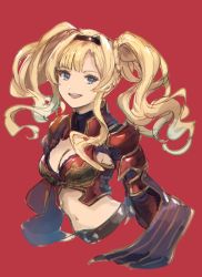 Rule 34 | 1girl, :d, armor, black hairband, blonde hair, blue eyes, braid, breastplate, breasts, cleavage, cleavage cutout, clothing cutout, cropped torso, floating hair, granblue fantasy, hair intakes, hairband, highres, long hair, looking at another, medium breasts, midriff, navel, open mouth, pauldrons, red background, shimatani azu, shoulder armor, simple background, sketch, smile, solo, stomach, twintails, upper body, zeta (granblue fantasy)