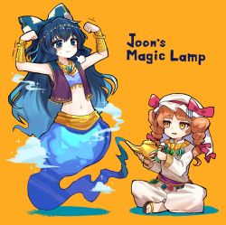 Rule 34 | 2girls, english text, genie, gold, highres, howhow notei, keffiyeh, multiple girls, oil lamp, orange background, siblings, simple background, sisters, touhou, yorigami jo&#039;on, yorigami shion
