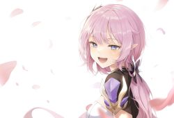 Rule 34 | 1girl, :d, absurdres, blue eyes, breasts, cleavage, elysia (honkai impact), elysia (miss pink elf) (honkai impact), hair ornament, highres, honkai (series), honkai impact 3rd, long hair, looking at viewer, open mouth, petals, pink hair, pointy ears, ponytail, shirt, simple background, smile, solcha, solo, white background, white shirt