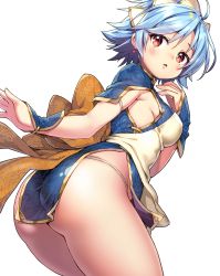 Rule 34 | 1girl, absurdres, ayaoshiro, blue dress, blue hair, breasts, brown eyes, character request, chestnut mouth, china dress, chinese clothes, copyright request, dress, earrings, hair between eyes, highres, jewelry, looking back, sideboob, solo, thong, underwear, white background