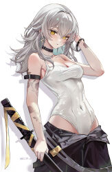 1girl absurdres alternate_costume arm_belt arm_tattoo bare_shoulders black_choker black_pants breasts choker cleavage commentary covered_navel earrings flower_tattoo grey_hair highres holding holding_sword holding_weapon honkai:_star_rail honkai_(series) jewelry katana leotard medium_breasts medium_hair pants partially_undressed solo stelle_(honkai:_star_rail) sword tattoo trailblazer_(honkai:_star_rail) weapon white_background white_leotard yellow_eyes zije