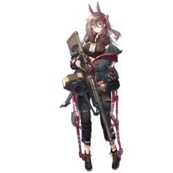 Rule 34 | 1girl, ammunition belt, animal ears, ankle boots, anklet, armor, bag, baggy clothes, black footwear, black pants, blush, boots, brown hair, brown shirt, closed mouth, coat, collared shirt, cross-laced footwear, dog, exoskeleton, frown, full body, girls&#039; frontline, gloves, grey coat, gun, hair ornament, hairclip, holding, holding gun, holding weapon, horse ears, jewelry, knee pads, lace-up boots, lanyard, long hair, machine gun, mole, mole under eye, name tag, nin (lion), off shoulder, official art, one side up, open clothes, open coat, pants, red-framed eyewear, semi-rimless eyewear, shirt, short sleeves, single glove, single knee pad, sleeves past wrists, smile, solo, taut clothes, taut shirt, torn clothes, torn pants, transparent background, trigger discipline, type 88 (girls&#039; frontline), type 88 lmg, weapon