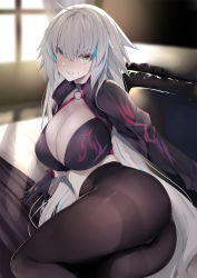 Rule 34 | 1girl, ahoge, ass, bad id, bad pixiv id, bikini, bikini top only, black bikini, black gloves, black pantyhose, blush, breasts, cleavage, collarbone, commentary request, day, fate/grand order, fate (series), gloves, hair between eyes, highres, indoors, jeanne d&#039;arc alter (swimsuit berserker) (fate), jeanne d&#039;arc (fate), jeanne d&#039;arc alter (fate), jeanne d&#039;arc alter (swimsuit berserker) (fate), large breasts, lips, long hair, long sleeves, looking at viewer, no pants, noto kurumi, o-ring, o-ring bikini, o-ring top, pantyhose, parted lips, short hair, shrug (clothing), silver hair, solo, swimsuit, thighband pantyhose, very long hair, window, yellow eyes