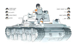 Rule 34 | 1girl, akitsu taira, caterpillar tracks, english text, military, military vehicle, motor vehicle, russian text, simple background, snowman, tank, vehicle, white background, world of tanks