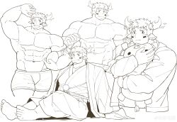 Rule 34 | 1boy, :q, absurdres, alternate pectoral size, american football (object), animal ears, arm up, ball, bara, barefoot, collage, cow boy, cow ears, cow horns, cropped legs, cropped torso, eye black, facial hair, fiery horns, forked eyebrows, glowing horns, goatee, greyscale, highres, holding, holding stuffed toy, horns, huge pectorals, japanese clothes, kimono, male focus, monochrome, multiple views, muscular, muscular male, official alternate costume, shorts, smile, spiked hair, strongman waist, stuffed toy, tekkowang, thick eyebrows, tokyo houkago summoners, tongue, tongue out, topless male, wakan tanka