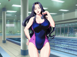 Rule 34 | 1girl, black hair, breasts, brown eyes, cleavage, game cg, gipsy underground, hand on own hip, hip focus, hitozuma gui, large breasts, lips, lipstick, long hair, makeup, mature female, mole, mole under mouth, nail polish, one-piece swimsuit, pale skin, pink nails, pool, solo, swimsuit, tokiwa shizue