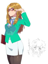 Rule 34 | 2girls, adjusting hair, akai meganee, anger vein, black pantyhose, blue ribbon, book, breasts, brown hair, collared shirt, commentary request, doodle inset, glasses, green jacket, hair ornament, hairpin, hand up, highres, holding, holding book, jacket, long hair, long sleeves, looking at viewer, medium breasts, multiple girls, neck ribbon, office lady, omega auru, open mouth, pantyhose, pencil skirt, pink eyes, pretty series, red-framed eyewear, ribbon, shirt, short hair, simple background, skirt, solo focus, standing, translation request, tsujii luki, waccha primagi!, white shirt, white skirt