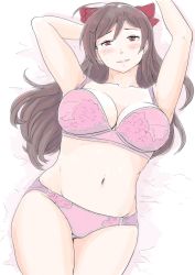 Rule 34 | 1girl, bra, breasts, brown hair, cleavage, commentary request, cowboy shot, hair ornament, hair ribbon, hairclip, highres, kantai collection, large breasts, long hair, looking at viewer, lying, mamiya (kancolle), panties, pink bra, pink panties, red eyes, ribbon, solo, underwear, underwear only, vent arbre