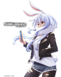 Rule 34 | 1girl, animal ears, black jacket, black pantyhose, blue hair, blue shorts, bob-the-bison, cellphone, commentary request, don-chan (usada pekora), floating hair, hair between eyes, hand in pocket, highres, holding, holding phone, hololive, jacket, long hair, looking to the side, open clothes, open jacket, pantyhose, phone, rabbit ears, rabbit girl, rabbit symbol, rabbit tail, red eyes, shirt, short shorts, shorts, sidelocks, simple background, smartphone, solo, symbol-shaped pupils, tail, thick eyebrows, torn clothes, torn pantyhose, twitter username, usada pekora, virtual youtuber, white background, white shirt