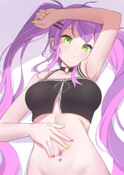 Rule 34 | 1girl, absurdres, alternate breast size, arm up, armpits, black choker, black tank top, blush, breasts, choker, colored inner hair, commentary request, crop top, ear piercing, earclip, earrings, green eyes, hair ornament, hairclip, highres, hololive, hoop earrings, jewelry, large breasts, long hair, looking at viewer, lying, multicolored hair, multicolored nails, nail polish, navel, navel piercing, no headwear, o-ring, o-ring choker, on back, parted lips, piercing, pink hair, pink nails, pointy ears, presenting stomach, purple hair, sidelocks, solo, spike piercing, spread navel, streaked hair, tank top, taraneko miso, tokoyami towa, tokoyami towa (1st costume), twintails, upper body, virtual youtuber, yellow nails