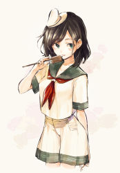 Rule 34 | 1girl, arm at side, black hair, breasts, cowboy shot, cropped legs, green eyes, hand up, hat, hisona (suaritesumi), holding, ladle, light smile, looking at viewer, medium breasts, medium hair, mini hat, murasa minamitsu, neckerchief, red neckerchief, sailor collar, sailor hat, shorts, solo, touhou, white background, white hat, white shorts