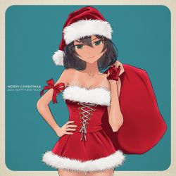 Rule 34 | 10s, 1girl, akagi (fmttps), armlet, artist name, bad id, bad twitter id, breasts, brown hair, cleavage, closed mouth, commentary, cowboy shot, dark-skinned female, dark skin, dress, english text, girls und panzer, green eyes, hand on own hip, happy new year, hat, head tilt, holding, hoshino (girls und panzer), lace-up, looking at viewer, medium breasts, merry christmas, microdress, new year, over shoulder, red dress, red hat, sack, santa costume, santa hat, short hair, smile, solo, standing, strapless, strapless dress, tan, tanline