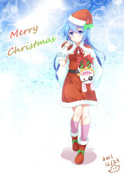 Rule 34 | 1girl, absurdres, blue eyes, blue hair, blush, boots, bubble background, capelet, carrying over shoulder, christmas, date a live, dress, full body, fur trim, gift, hat, highres, holding, holding gift, kneehighs, long hair, looking at viewer, niujiao bao, pink footwear, red capelet, red dress, red footwear, santa costume, santa hat, smile, socks, solo, star (symbol), starry background, yoshino (date a live), yoshinon