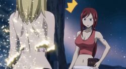 Rule 34 | 2girls, animated, ass, blonde hair, breasts, cat lingerie, completely nude, covering breasts, covering privates, dissolving clothes, embarrassed, english text, erza scarlet, fairy tail, female focus, large breasts, long hair, lucy heartfilia, medium breasts, meme attire, midriff, multiple girls, night, night sky, nude, outdoors, red hair, sky, subtitled, surprised, tree, unworn clothes, wardrobe malfunction
