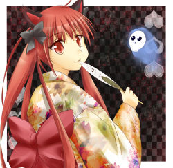 Rule 34 | 1girl, :3, animal ears, cat, cat ears, checkered background, female focus, ghost, hair ribbon, hand fan, japanese clothes, kaenbyou rin, kimono, long hair, looking back, odero, paper fan, red eyes, red hair, ribbon, solo, touhou, twintails, uchiwa, upper body