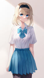 Rule 34 | 1girl, 29hyeon, absurdres, bad foundation id, bad id, black hairband, black pantyhose, blonde hair, blue bow, blue bowtie, blue eyes, blue skirt, blush, bow, bowtie, braid, breasts, closed mouth, collared shirt, cowboy shot, hairband, highres, looking at viewer, medium breasts, medium hair, original, pantyhose, pleated skirt, shirt, shirt tucked in, short sleeves, side braid, skirt, solo, sunlight, white shirt, yellow background