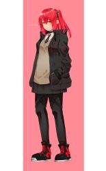 Rule 34 | 1girl, absurdres, hand in pocket, highres, jacket, looking at viewer, medium hair, necktie, nyxview, original, pantyhose, red eyes, red hair, shoes, solo, uniform