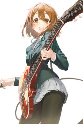 Rule 34 | 1girl, :d, absurdres, black jacket, black pantyhose, blazer, breasts, brown eyes, brown hair, buttons, cable, commentary, electric guitar, gibson, gibson les paul, grey skirt, guitar, hair between eyes, hair ornament, hairclip, highres, hirasawa yui, holding, holding instrument, instrument, jacket, k-on!, long sleeves, looking at viewer, miniskirt, open mouth, pantyhose, pleated skirt, plectrum, pro-p, sakuragaoka high school uniform, school uniform, short hair, simple background, skirt, small breasts, smile, solo, strap, symbol-only commentary, white background, wing collar