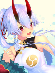 Rule 34 | 1girl, :d, blush, breasts, china dress, chinese clothes, commentary request, detached sleeves, dress, fate/grand order, fate (series), frilled sleeves, frills, heroic spirit traveling outfit, highres, horns, long hair, looking at viewer, medium breasts, oni horns, open mouth, ponytail, red eyes, ria001, sidelocks, silver hair, smile, solo, tomoe (symbol), tomoe gozen (fate), tomoe gozen (traveling outfit) (fate), upper body, wide sleeves