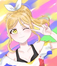 Rule 34 | 1girl, artist name, artist request, bare shoulders, blonde hair, blush, bow, braid, breasts, brown eyes, cleavage, collarbone, crown braid, female focus, hair rings, looking at viewer, love live!, love live! school idol festival, love live! school idol festival all stars, love live! sunshine!!, marin (mf230517), mf230517, off shoulder, ohara mari, one eye closed, parted lips, pixiv id 15238946, shirt, short hair, sleeveless, sleeveless shirt, small breasts, smile, solo, splatter print, v, white bow, white shirt, yellow eyes