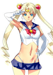 Rule 34 | 1990s (style), 1girl, adapted costume, arm up, bad id, bad pixiv id, bare shoulders, bishoujo senshi sailor moon, blonde hair, blue eyes, blue sailor collar, blue skirt, bow, choker, crop top, dodai shouji, double bun, earrings, elbow gloves, gloves, hair bun, hair ornament, hand on own hip, highleg, highleg panties, jewelry, long hair, looking at viewer, magical girl, midriff, miniskirt, navel, panties, red bow, retro artstyle, sailor collar, sailor moon, salute, simple background, skirt, solo, tiara, tsukino usagi, twintails, underwear, v, white gloves