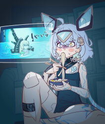 Rule 34 | 1girl, ahoge, alien (series), android, black dress, blue eyes, blue hair, blush stickers, bowl, chopsticks, commentary, crt, dress, eating, ekonauta, english commentary, food, hair ornament, hairclip, heterochromia, highres, holding, holding bowl, holding chopsticks, holographic monitor, indie virtual youtuber, indoors, medium hair, noodles, ramen, sayu sincronisity, sayu sincronisity (1st costume), shaded face, sitting, sweat, virtual youtuber, watching television, xenomorph, yellow eyes