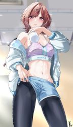 Rule 34 | absurdres, arknights, armpit crease, bad id, bad twitter id, black leggings, blue shorts, blurry, blurry background, blush, bottle, cosplay, endo yohane, hair ornament, hairclip, hairpin, highres, higuchi madoka, holding, holding bottle, idolmaster, idolmaster shiny colors, indoors, jacket, jacket partially removed, leggings, leggings under shorts, looking at viewer, looking down, mole, mole under eye, navel, pantyhose, red eyes, red hair, shorts, shorts lift, sports bra, steaming body, stomach, sweatdrop, white jacket