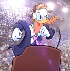 Rule 34 | bad id, bad pixiv id, bird, blonde hair, crowd, disney, donald duck, donald trump, duck, formal, highres, hiyamugi, microphone, name connection, necktie, podium, politician, real life, suit