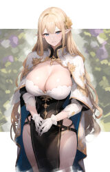 Rule 34 | 1girl, absurdres, baketsu, belt, black belt, black dress, blue eyes, breasts, cape, cleavage, collarbone, cowboy shot, detached collar, dress, elf, flower, gloves, gold trim, hair flower, hair ornament, highres, large breasts, long hair, original, own hands together, pelvic curtain, pointy ears, solo, white cape, white gloves, yellow flower