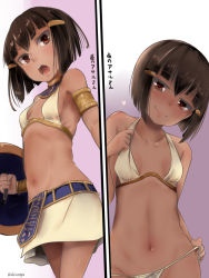 Rule 34 | 1girl, akino shuu, armpits, assal (sennen sensou aigis), bare arms, bare shoulders, blush, breasts, brown hair, closed mouth, collarbone, commentary request, dark skin, hair between eyes, hair ornament, hairclip, head tilt, holding, holding shield, looking at viewer, navel, open mouth, panties, red eyes, sennen sensou aigis, shield, short hair, side-tie panties, skirt, small breasts, smile, translation request, underwear, untied panties, white panties, white skirt
