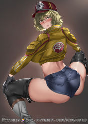 Rule 34 | 1girl, bad id, bad pixiv id, baseball cap, black gloves, blonde hair, blush, boots, breasts, cidney aurum, cropped jacket, denim, denim shorts, final fantasy, final fantasy xv, from behind, gloves, hair between eyes, hat, jacket, jjanda, large breasts, looking at viewer, looking back, parted lips, short hair, short shorts, shorts, solo, spread legs, square enix, squatting, thighhighs, yellow eyes, yellow jacket