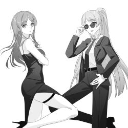 2girls absurdres adjusting_eyewear artist_request bang_dream! bang_dream!_it&#039;s_mygo!!!!! belt breasts chihaya_anon chinese_commentary closed_mouth commentary_request commission crossed_arms dress greyscale hand_on_own_hip high_heels highres jacket long_hair long_sleeves medium_breasts monochrome mr._and_mrs._smith multiple_girls nagasaki_soyo necktie open_clothes open_jacket open_mouth pants parody ponytail second-party_source shirt simple_background skindentation spaghetti_strap sunglasses teeth thigh_strap tie_clip upper_teeth_only white_background