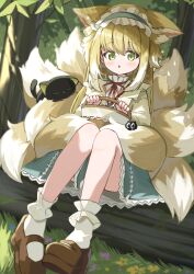 Rule 34 | 1girl, animal ear fluff, animal ears, arknights, basket, black cat, blurry, casual, cat, commentary request, dappled sunlight, depth of field, extra ears, forest, fox ears, fox girl, fox tail, green eyes, hair between eyes, hair down, hairband, highres, holding, holding basket, kitsune, kyuubi, light brown hair, long hair, long sleeves, looking at viewer, mary janes, melerdon, multiple tails, nature, official alternate costume, outdoors, parted lips, picnic basket, shoes, sidelocks, sitting, socks, sunlight, suzuran (arknights), suzuran (spring praise) (arknights), tail, tree, white socks, wood