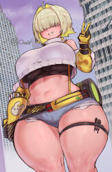 Rule 34 | 1girl, blonde hair, breasts, city, crop top, curvy, denim, denim shorts, elegg (nikke), female focus, goddess of victory: nikke, hair over eyes, highres, huge breasts, ourobot, outdoors, short shorts, shorts, smile, solo, suspenders, sweat, tagme, thick thighs, thigh strap, thighs, underboob, v, wide hips