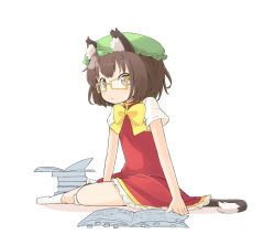 Rule 34 | 1girl, animal ears, bespectacled, book, brown eyes, brown hair, cat ears, cat girl, cat tail, chen, female focus, glasses, looking at viewer, nakashino setsu, open book, short hair, simple background, sitting, socks, solo, tail, touhou, white background