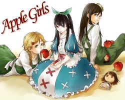 Rule 34 | 3girls, apple, apron, back, black hair, blunt bangs, braid, center frills, covered mouth, elysion, food, food-themed hair ornament, frills, fruit, hair ornament, hime cut, idoko, long hair, maerchen (sound horizon), multiple girls, overalls, own hands together, pocket, rabbit, schneewittchen, sitting, sound horizon, trait connection, twin braids, yatsuki gin, yield