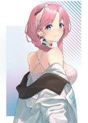 Rule 34 | 1girl, absurdres, arknights, bare shoulders, blue eyes, blue poison (arknights), blue poison (shoal beat) (arknights), choker, earrings, from behind, highres, jacket, jewelry, long sleeves, looking at viewer, looking back, off shoulder, official alternate costume, open clothes, open jacket, pink choker, pink hair, pink sports bra, raitho, short hair, smile, solo, spaghetti strap, sports bra, stud earrings, swept bangs, upper body, white jacket