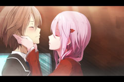Rule 34 | 10s, 1boy, 1girl, anime coloring, blazer, blush, brown hair, closed eyes, guilty crown, hair ornament, hairclip, hands on another&#039;s cheeks, hands on another&#039;s face, highres, letterboxed, lips, long hair, necktie, ouma shuu, pink hair, rokunashi hitonashi, school uniform, short hair, yuzuriha inori