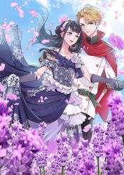 Rule 34 | 1boy, 1girl, belt, black gloves, black hair, black pants, blonde hair, blue dress, cape, cover, cover page, day, dress, elbow gloves, flower, gloves, hair ornament, hetero, highres, holding hands, inanonko, looking at viewer, official art, original, outdoors, pants, petals, purple eyes, red cape, sheath, sheathed, skirt hold, smile, standing, textless version, yellow eyes
