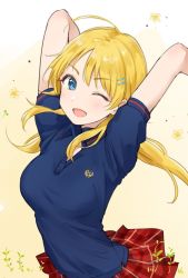 Rule 34 | 1girl, arms up, blonde hair, blue eyes, commentary request, flower, hachimiya meguru, hair ornament, hairclip, idolmaster, idolmaster shiny colors, long hair, open mouth, plaid, plaid skirt, polo shirt, skirt, solo, takeashiro, yellow background