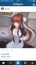 Rule 34 | 1girl, absurdres, alternate costume, apron, breasts, brown hair, character name, chinese text, cleavage, cleavage cutout, clothing cutout, commentary, cupcake, doki doki literature club, drawn ears, drawn whiskers, enmaided, fake screenshot, food, green eyes, green nails, highres, ihsara10, instagram, long hair, looking at viewer, maid, monika (doki doki literature club), nail polish, plate, ponytail, short sleeves, smile, solo, v, waist apron, whiskers