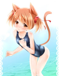 Rule 34 | 10s, 1girl, animal ears, brown hair, cat ears, one-piece swimsuit, red eyes, s-ram, school swimsuit, short hair, silica, silica (sao-alo), solo, swimsuit, sword art online, tail, twintails