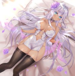 Rule 34 | 1girl, ahoge, aqua eyes, bare shoulders, bed sheet, black thighhighs, blush, breasts, center opening, cleavage, closed mouth, collar, collarbone, commentary request, commission, dark-skinned female, dark skin, dress, feet out of frame, flower, from above, gloves, hair flower, hair ornament, holding, kumatora tatsumi, large breasts, long hair, looking at viewer, lying, navel, on back, on bed, original, petals, purple flower, shawl, short dress, silver hair, skeb commission, skindentation, smile, solo, strapless, strapless dress, thighhighs, very long hair, white dress, white gloves