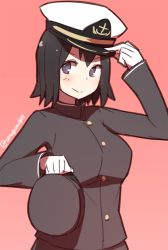 Rule 34 | &gt;:&gt;, 10s, 1girl, :&gt;, akitsu maru (kancolle), anchor symbol, bad id, bad pixiv id, black eyes, black hair, black hat, borrowed clothes, coupon (skyth), hat, headwear switch, kantai collection, military, military uniform, peaked cap, pink background, red background, short hair, simple background, solo, twitter username, uniform, unworn hat, unworn headwear, upper body, v-shaped eyebrows, white hat