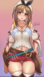 Rule 34 | 1girl, atelier (series), atelier ryza, atelier ryza 1, bare shoulders, belt, beret, black ribbon, blue belt, blush, breasts, brown belt, brown eyes, brown gloves, brown hair, camisole, cleavage, collarbone, gloves, gradient background, hair ornament, hairclip, hat, highres, jacket, jewelry, large breasts, leather belt, looking at viewer, navel, necklace, parted lips, qblade, red shorts, reisalin stout, ribbon, short hair, short shorts, shorts, smile, solo, star (symbol), star necklace, thighs, white camisole, white hat, yellow jacket
