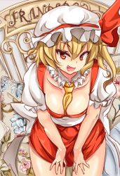 Rule 34 | &gt;:d, 1girl, :d, adapted costume, aged up, asanari, ascot, between breasts, blonde hair, breasts, collarbone, cowboy shot, detached collar, dress, fang, flandre scarlet, hair between eyes, hat, hat ribbon, leaning forward, looking at viewer, mob cap, open mouth, puffy short sleeves, puffy sleeves, red dress, red eyes, red ribbon, ribbon, sash, short sleeves, side ponytail, small breasts, smile, solo, touhou, tsurime, v-shaped eyebrows