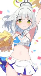 Rule 34 | 1girl, armpits, blue archive, blush, breasts, cheerleader, commentary request, cosplay, flat chest, green eyes, grey hair, hair intakes, hair ornament, hairclip, halo, hare (blue archive), highres, midriff, millennium cheerleader outfit (blue archive), mochigome (ununquadium), navel, pleated skirt, pom pom (cheerleading), ponytail, skirt, solo, white skirt
