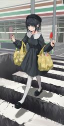 Rule 34 | 1girl, absurdres, bag, beret, black dress, black hair, black hat, black nails, blunt bangs, breasts, commentary request, convenience store, douryou (buta5813), dress, ear piercing, earrings, eyebrows hidden by hair, food, full body, green eyes, grocery bag, hat, highres, jewelry, leggings, medium hair, nail polish, original, piercing, popsicle, road, shop, shopping bag, small breasts, solo, street, tetto (onnoveltet), watermelon bar