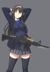 Rule 34 | 1girl, arms behind head, arms up, bad id, bad pixiv id, black thighhighs, blazer, blue bow, blue bowtie, bow, bowtie, breasts, brown eyes, btoor, closed mouth, grey background, grey skirt, gun, gun sling, hairband, highres, jacket, long hair, long sleeves, looking at viewer, medium breasts, miniskirt, muzzle device, oda masaki (b-minor), open clothes, open jacket, original, pleated skirt, school uniform, simple background, skirt, solo, standing, straight hair, thighhighs, twitter username, weapon, weapon request, white hairband, zettai ryouiki